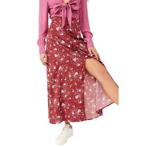 New Free People Sammy Maroon Floral Satin High Slit Maxi Skirt